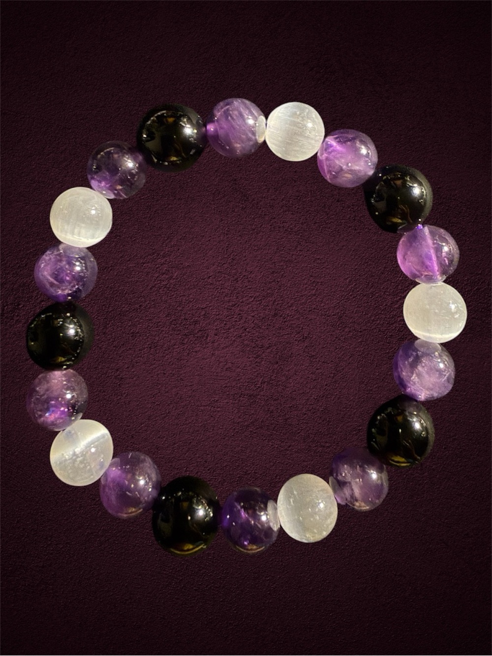 Amethyst, Onyx and Selenite Beaded Bracelet